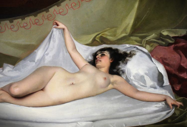 Dipinto ad olio spagnolo su tela, nudo sdraiato, XIX secolo, attr. di Luis R Falero