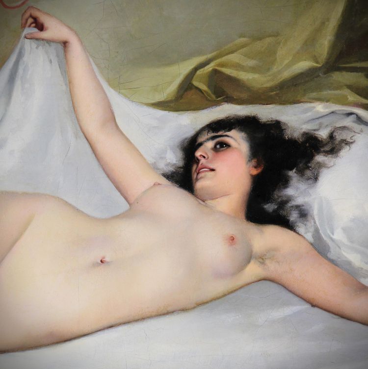 Dipinto ad olio spagnolo su tela, nudo sdraiato, XIX secolo, attr. di Luis R Falero