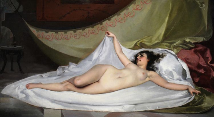 Dipinto ad olio spagnolo su tela, nudo sdraiato, XIX secolo, attr. di Luis R Falero