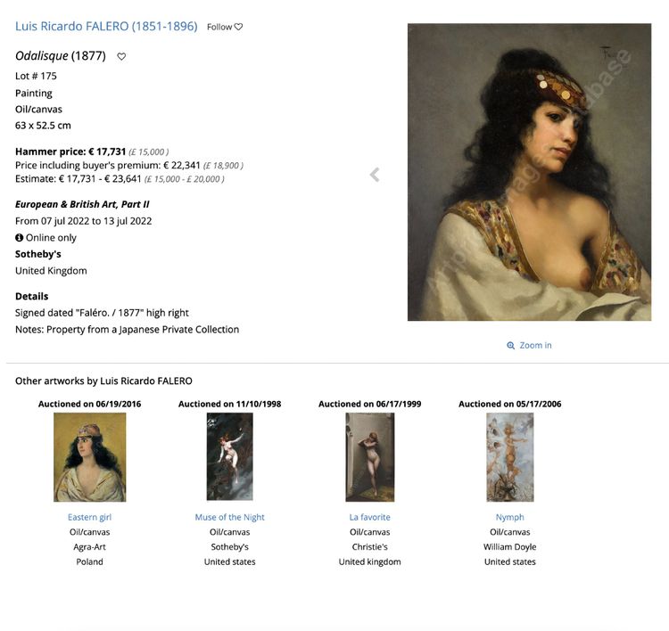Dipinto ad olio spagnolo su tela, nudo sdraiato, XIX secolo, attr. di Luis R Falero