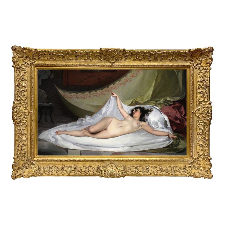 Dipinto ad olio spagnolo su tela, nudo sdraiato, XIX secolo, attr. di Luis R Falero