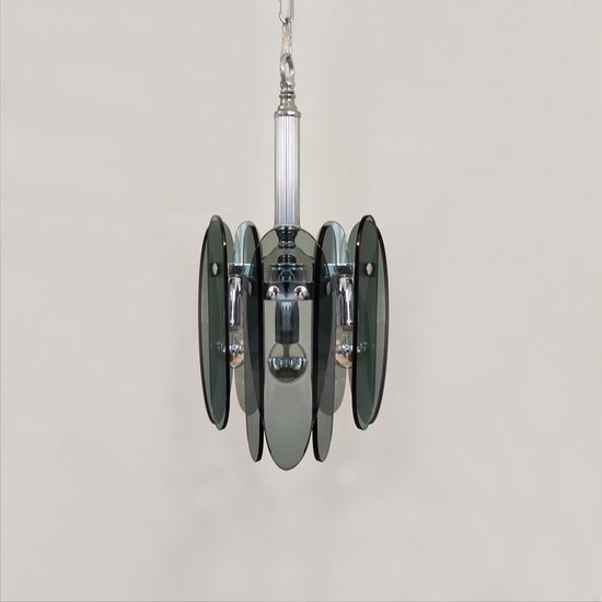 1970 Magnificent Smoked Grey Chandelier by Veca in Murano Glass. Made in Italy