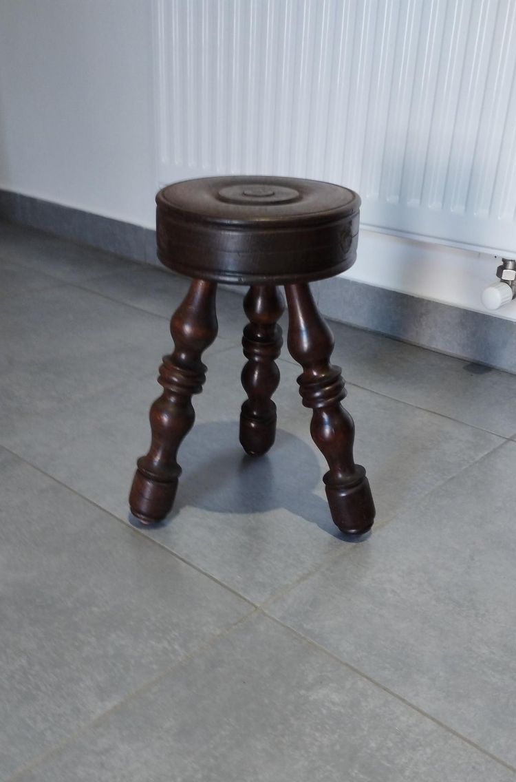 Tabouret ancien en bois tourné dlg de Charles Dudouyt, 50, 60 & 70