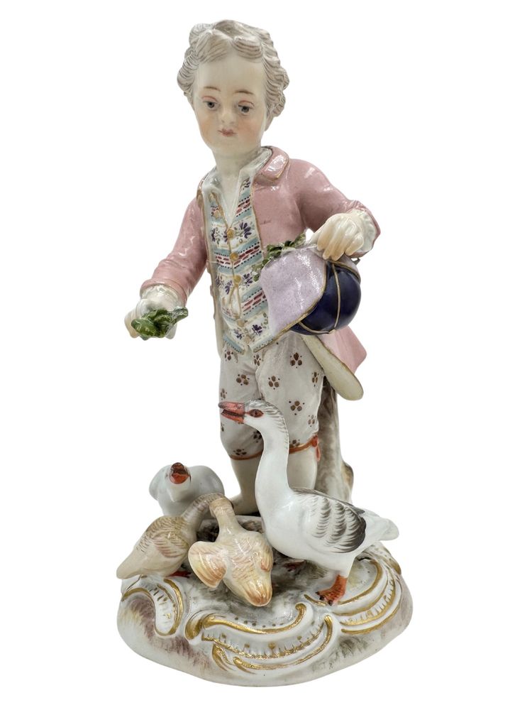 Meissen porcelain figurine Boy feeding geese.