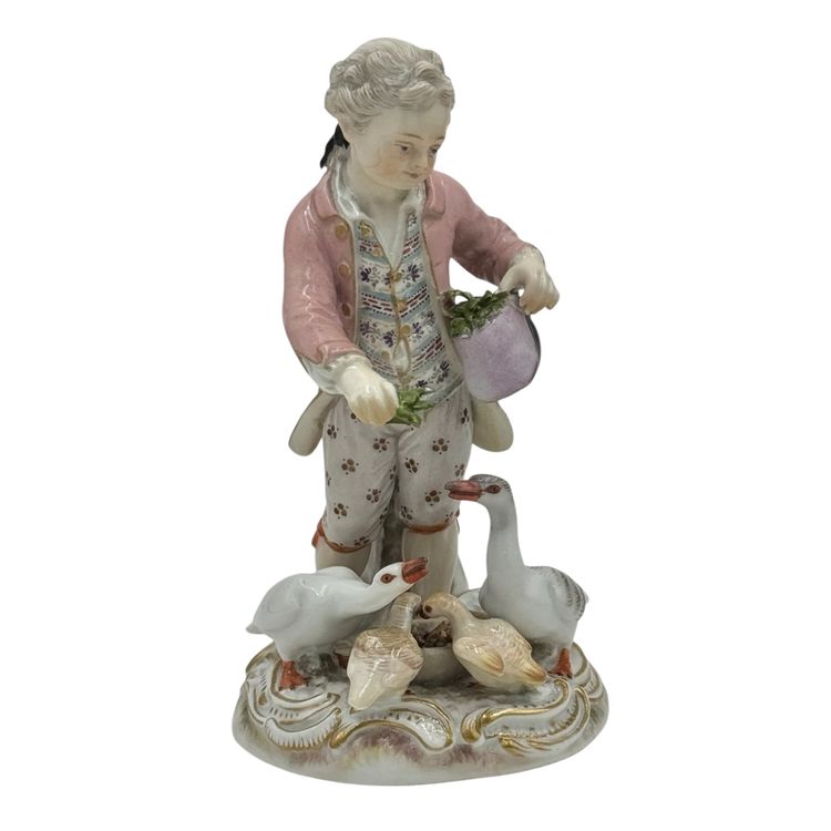 Meissen porcelain figurine Boy feeding geese.