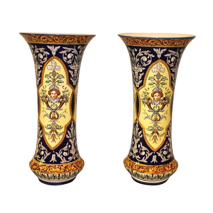 Pair of Sarreguemines earthenware vases with Italian Renaissance decoration, late 19th century