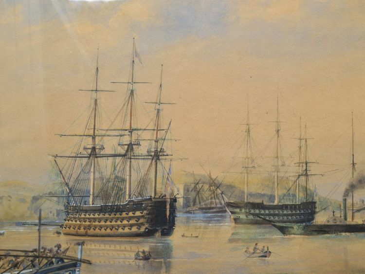 Mittelmeerhafen, Aquarell aus dem 19. Jahrhundert.