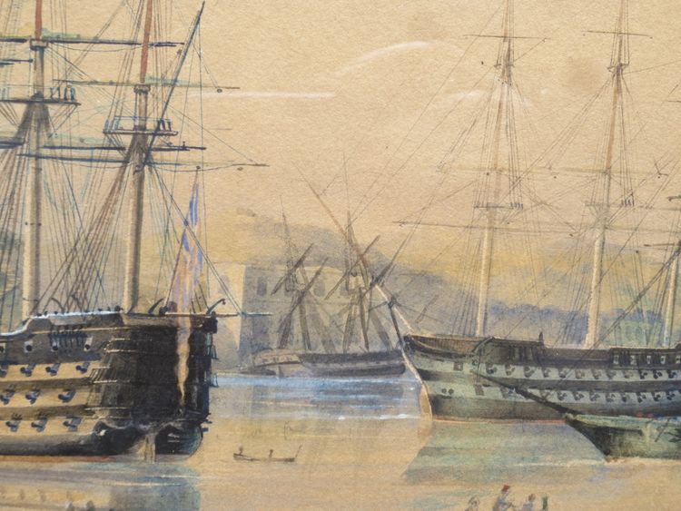 Mittelmeerhafen, Aquarell aus dem 19. Jahrhundert.