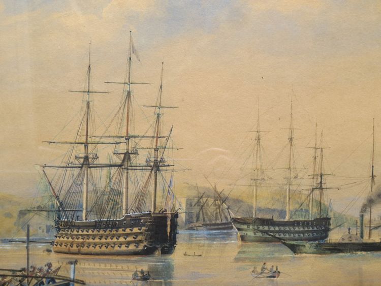 Mittelmeerhafen, Aquarell aus dem 19. Jahrhundert.