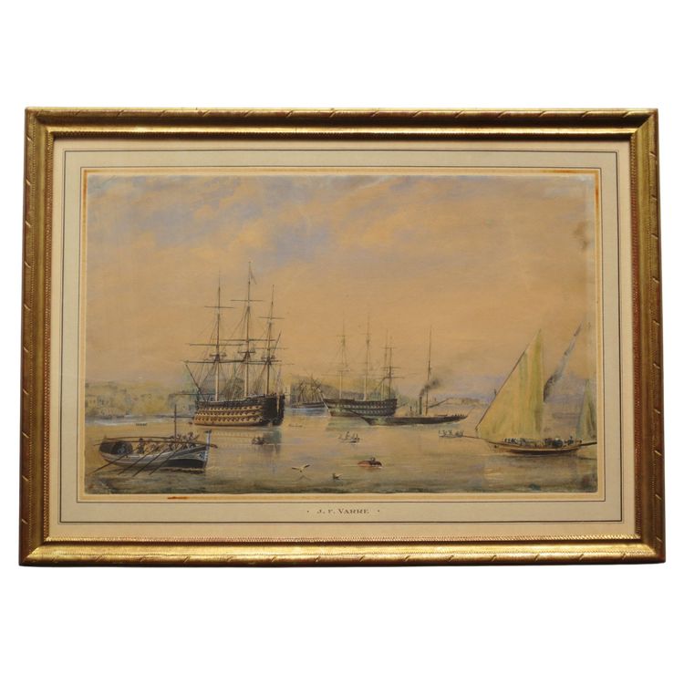 Mittelmeerhafen, Aquarell aus dem 19. Jahrhundert.