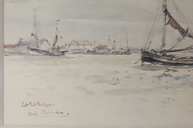 Marine Aquarell "Petit Fort Philippe" signiert von Louis Chervin (1905-1969)