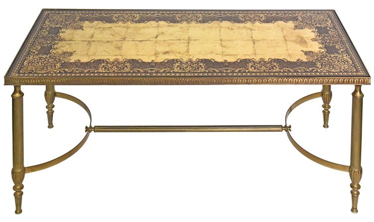Tavolino in ottone dorato con piano in vetro specchiato smaltato in foglia d'oro Maison Bagues