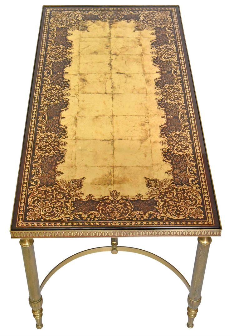 Tavolino in ottone dorato con piano in vetro specchiato smaltato in foglia d'oro Maison Bagues