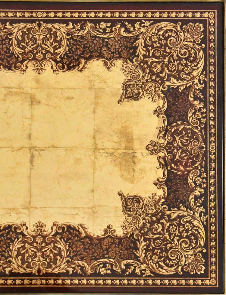 Tavolino in ottone dorato con piano in vetro specchiato smaltato in foglia d'oro Maison Bagues