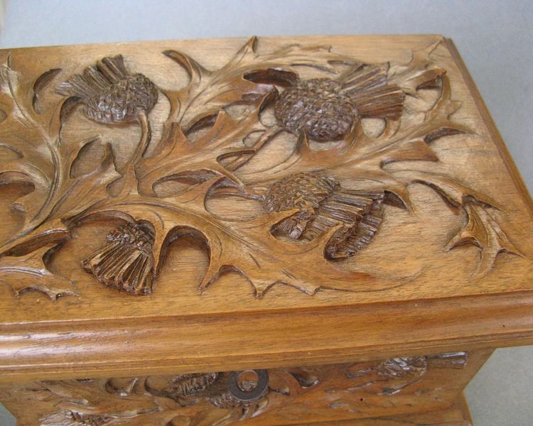 Art Nouveau Thistle Carved Wooden Box Circa 1900.