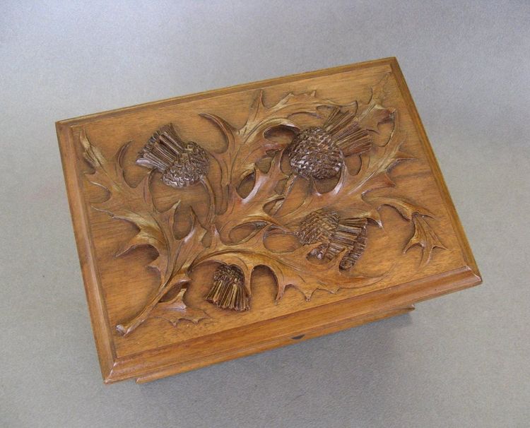 Art Nouveau Thistle Carved Wooden Box Circa 1900.
