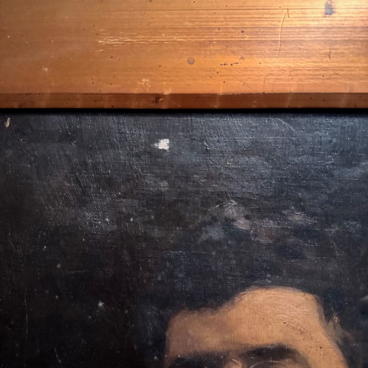 Ritratto ad olio su tela di un uomo con occhiali e baffi inizio XX secolo