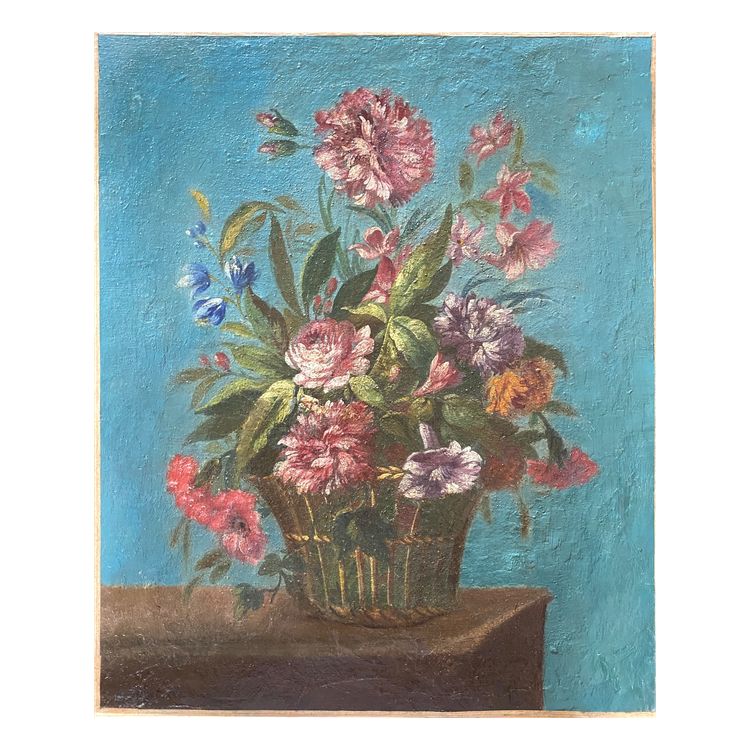 La corbeille de fleurs. Huile sur toile XIXème. Berthe Mouchette. 