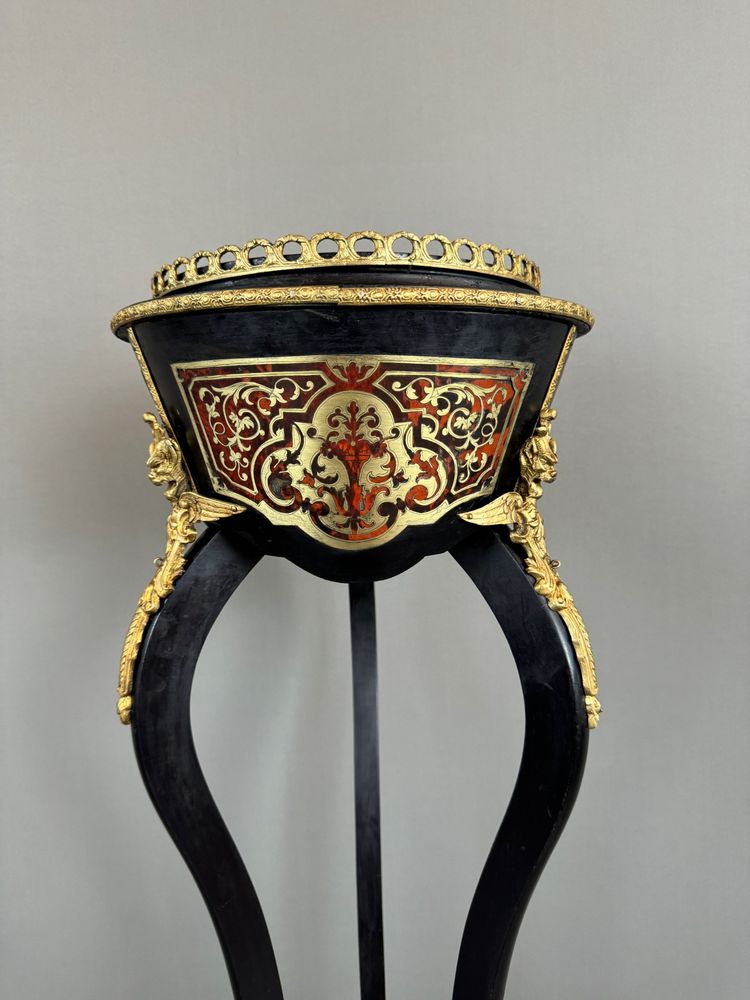 Napoleon III Planter In Blackened Wood, Gilded Bronze And Hand-painted Porcelain, 19th Century