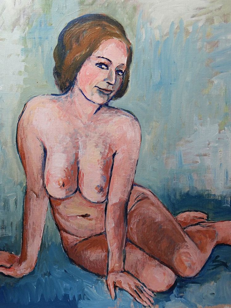 Tableau portrait nu assise, moderne huile sur carton entoilé vintage