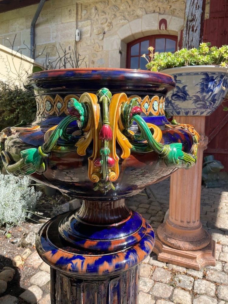 Spectaculaire Jardinière En Barbotine Vers 1870