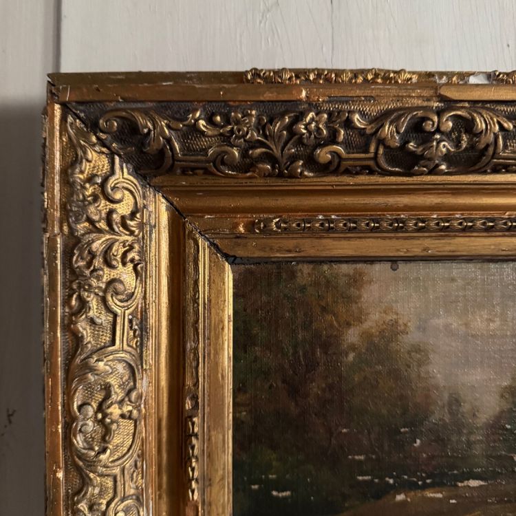 Oil on canvas pasted on panel Barbizon 19th century gilded frame