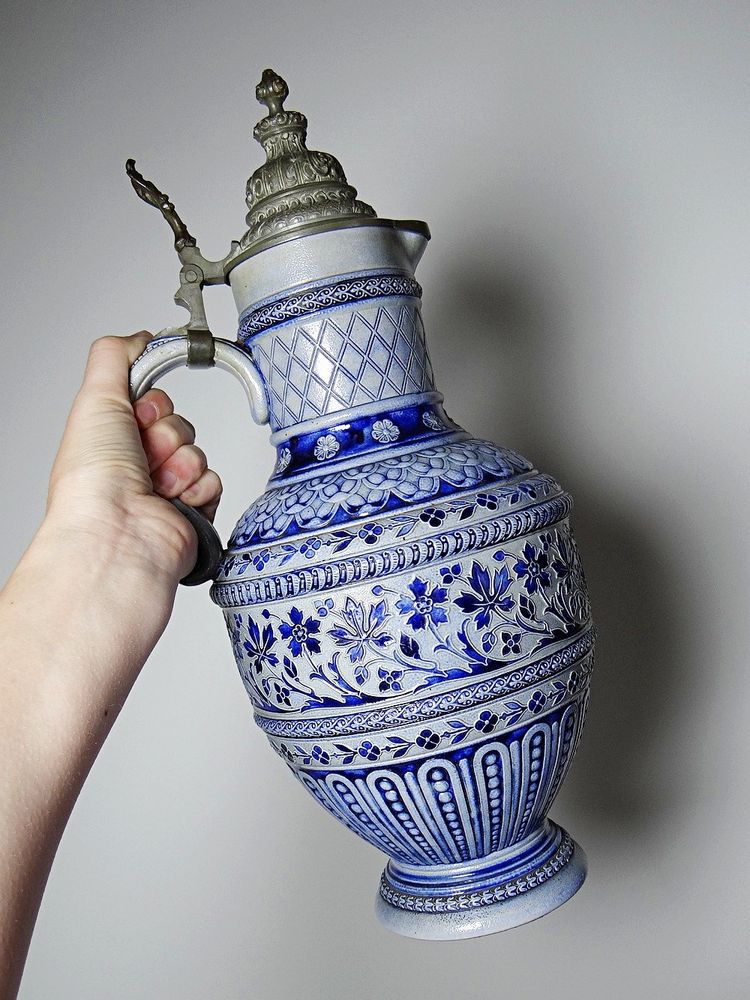Large stoneware beer pitcher glazed with salt and pewter Germany Westerwald type