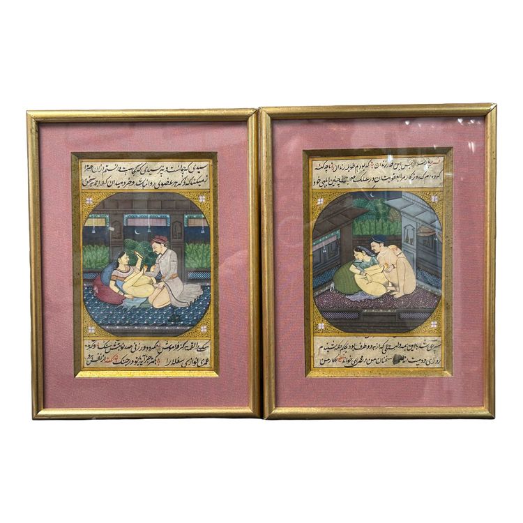 India-pair of old Persian miniatures XIX manuscript pages gouache-erotic kamasutra Iran