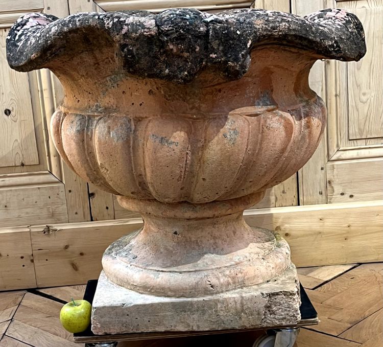 Monumental pair of terracotta planters or orange tree pots with cement base.
