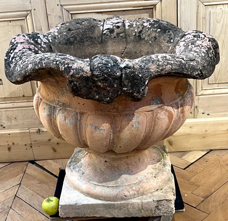 Monumental pair of terracotta planters or orange tree pots with cement base.
