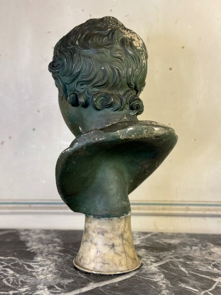 Jeune garçon, Buste En Plâtre Patine Verte, Vers 1900