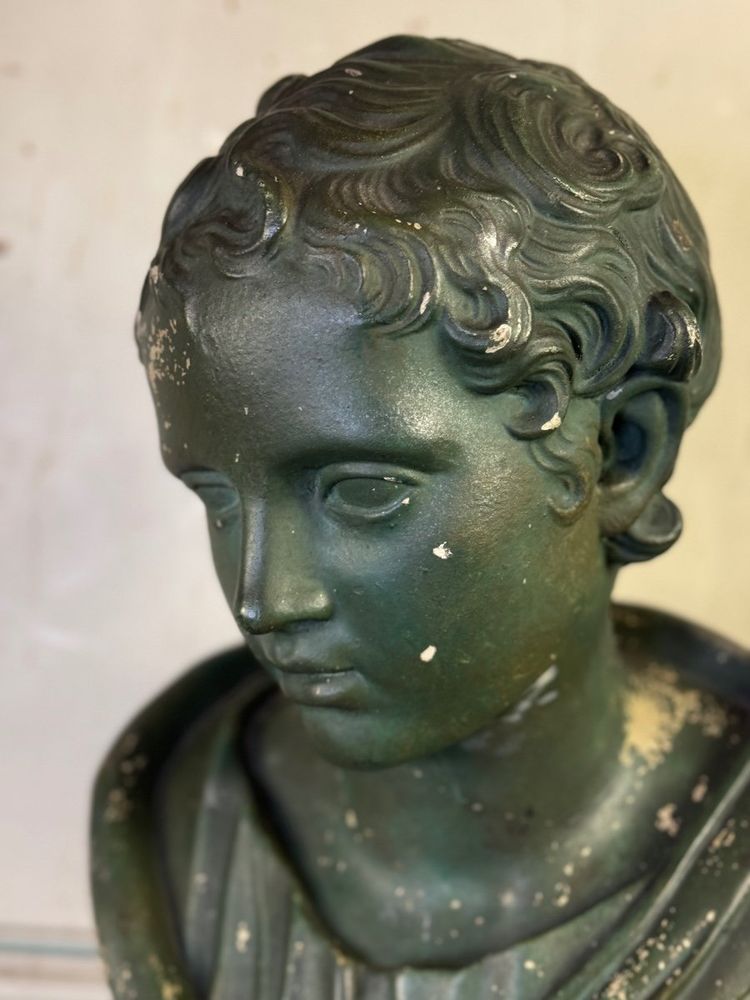 Jeune garçon, Buste En Plâtre Patine Verte, Vers 1900