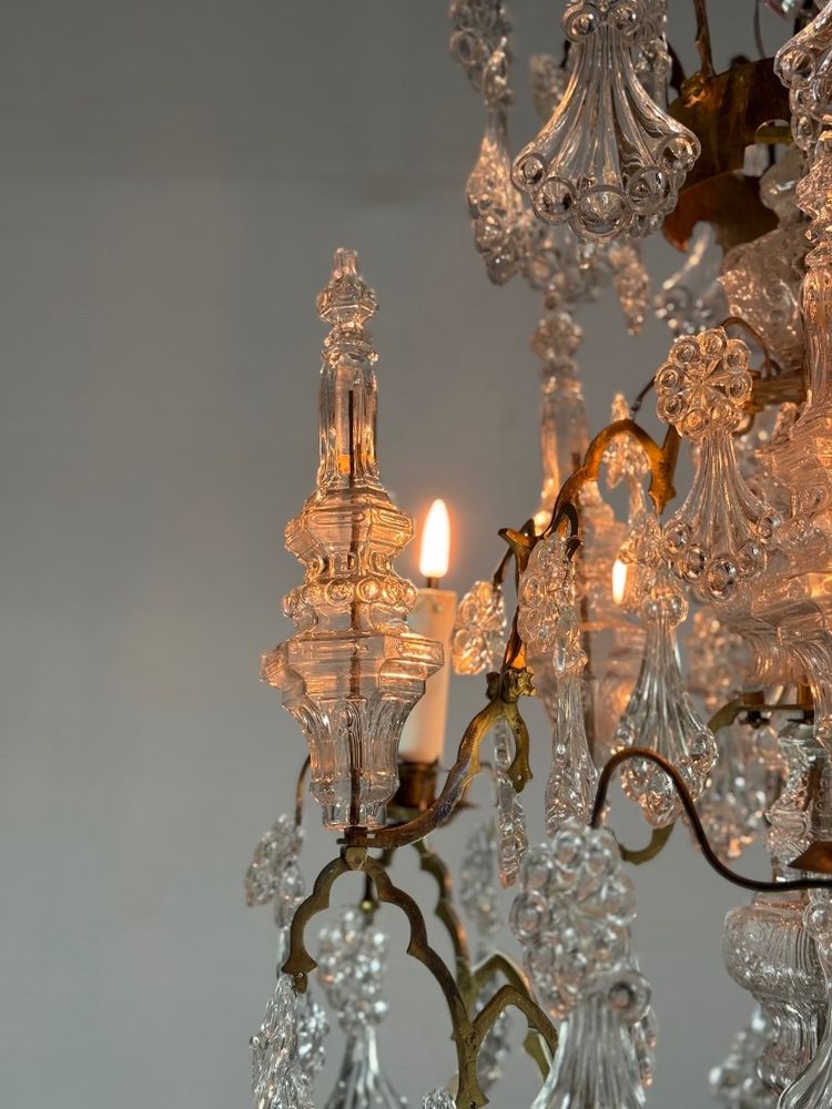 Lustre Cage, Pampilles En Verre Moulé Et Bronze, Vers 1800