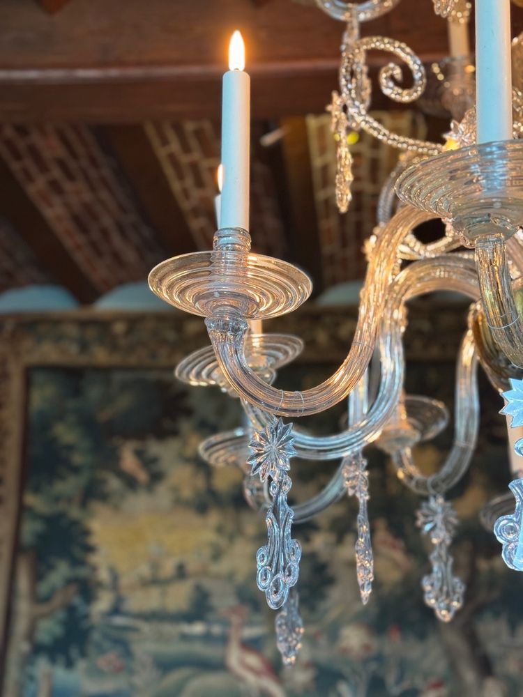 Liège chandelier in blown glass, two tiers of light arms, 18th century
