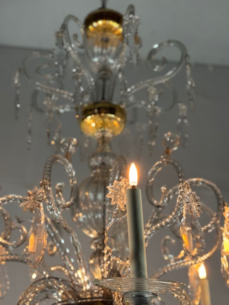 Lustre Liégeois En Verre Soufflé Et Cristaux Taillés, 6 Bras De Lumière, XVIIIème Siècle