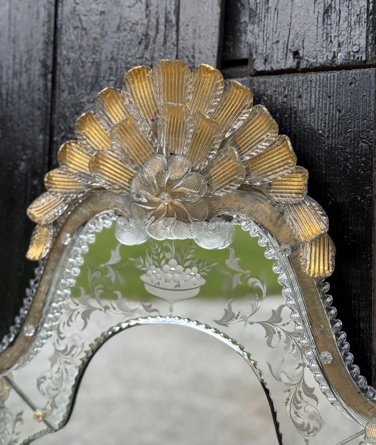 Miroir Vénitien En Verre De Murano Doré à L’or Fin, Miroir Gravé, Vers 1950