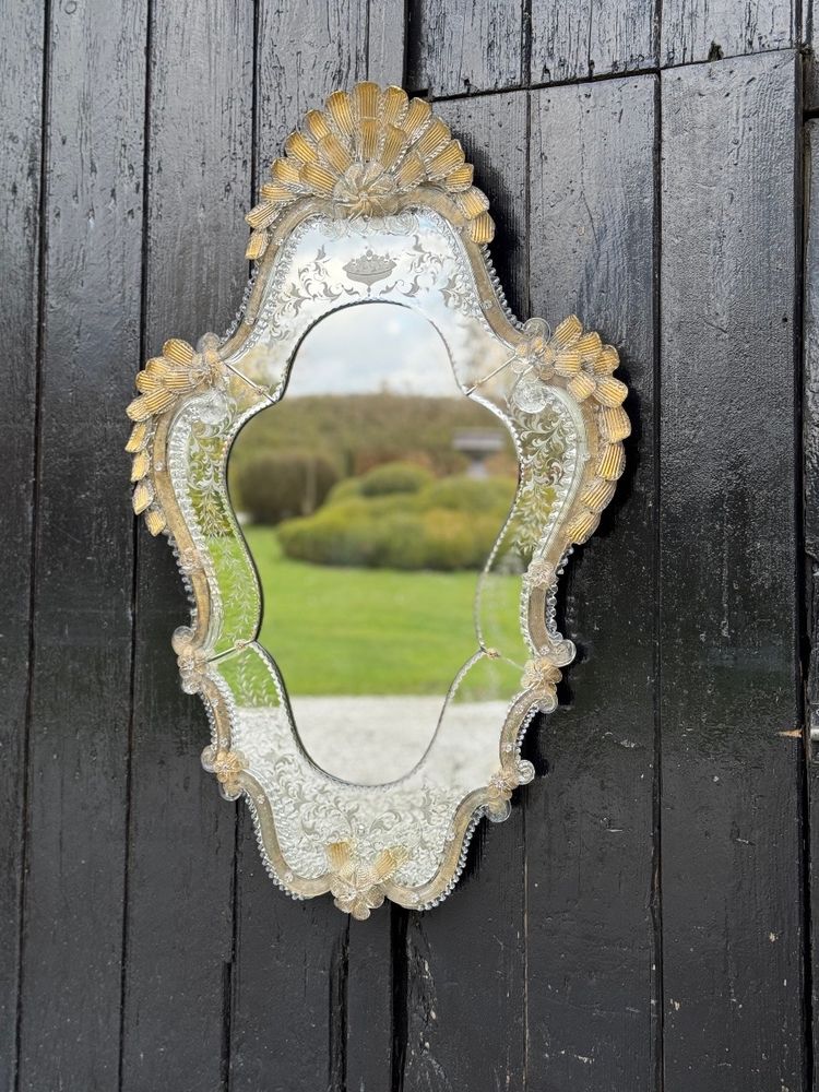 Miroir Vénitien En Verre De Murano Doré à L’or Fin, Miroir Gravé, Vers 1950