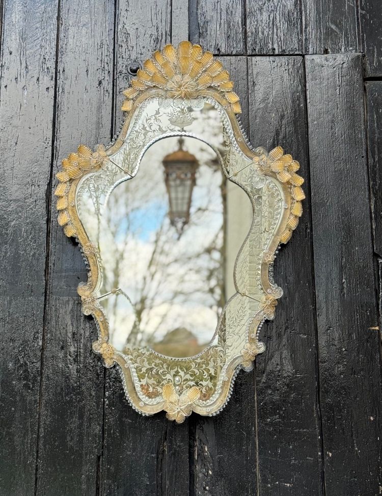 Miroir Vénitien En Verre De Murano Doré à L’or Fin, Miroir Gravé, Vers 1950