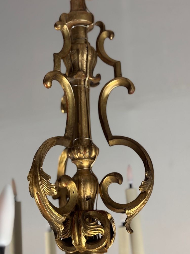 Lustre En Bois Sculpté Et Doré, 18 Bras De Lumière, Italie Vers 1880