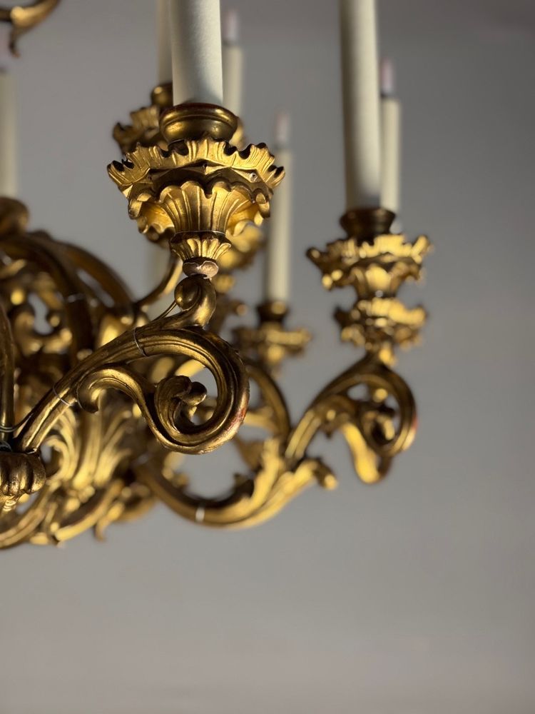 Lustre En Bois Sculpté Et Doré, 18 Bras De Lumière, Italie Vers 1880