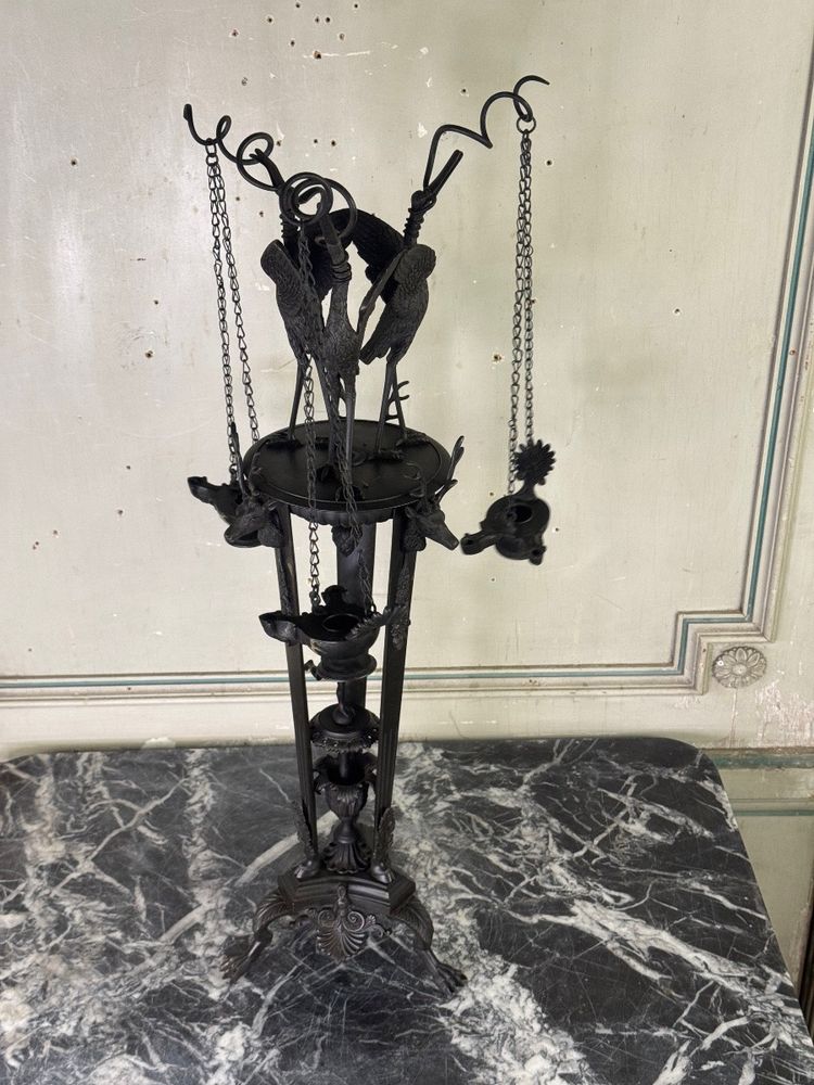 Trépied Aux Hérons Porte Lampes à Huile, Objet Grand Tour, Bronze, Italie XIXéme siècle