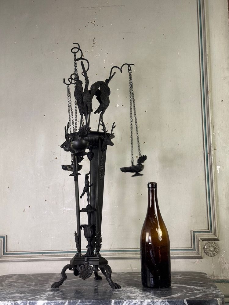 Trépied Aux Hérons Porte Lampes à Huile, Objet Grand Tour, Bronze, Italie XIXéme siècle