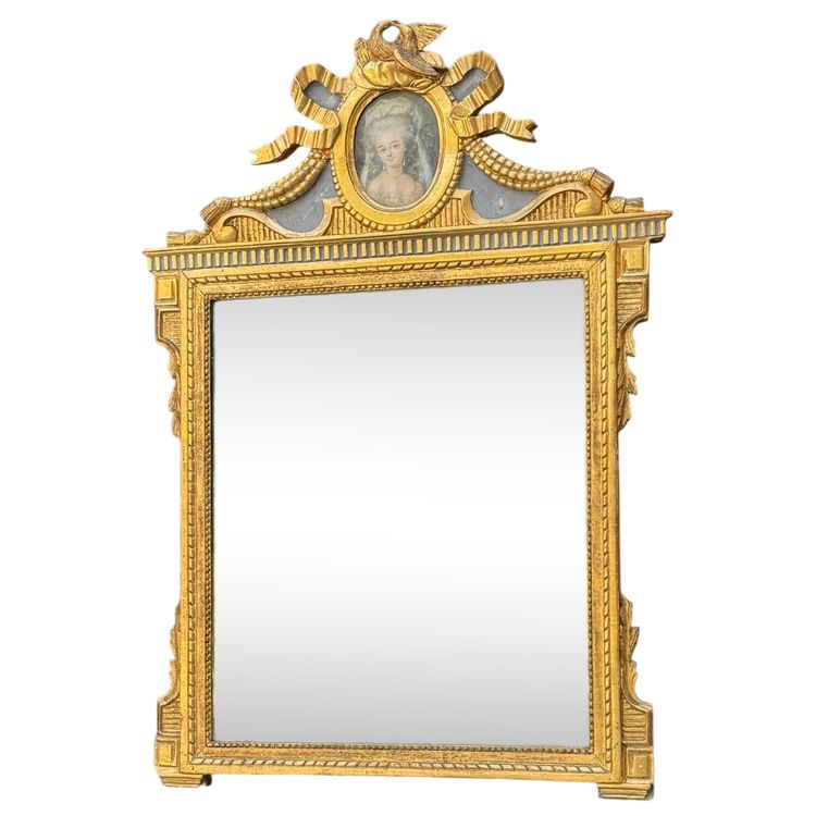 Grand Miroir Aux Colombes Enlacées, Louis XVI, Bois Doré Et Peint, XVIIIème Siècle