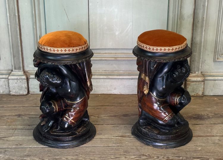 Pair of stools with Nubian figures, polychrome sculptures, Venice circa 1880