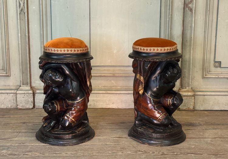 Pair of stools with Nubian figures, polychrome sculptures, Venice circa 1880