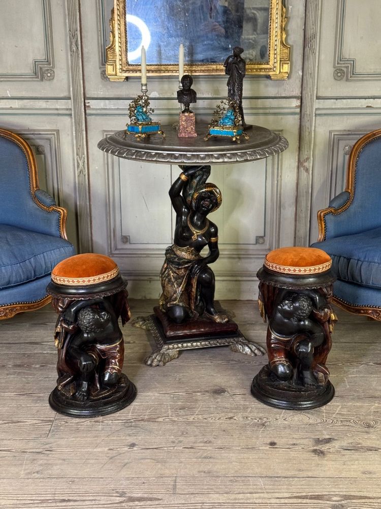 Pair of stools with Nubian figures, polychrome sculptures, Venice circa 1880