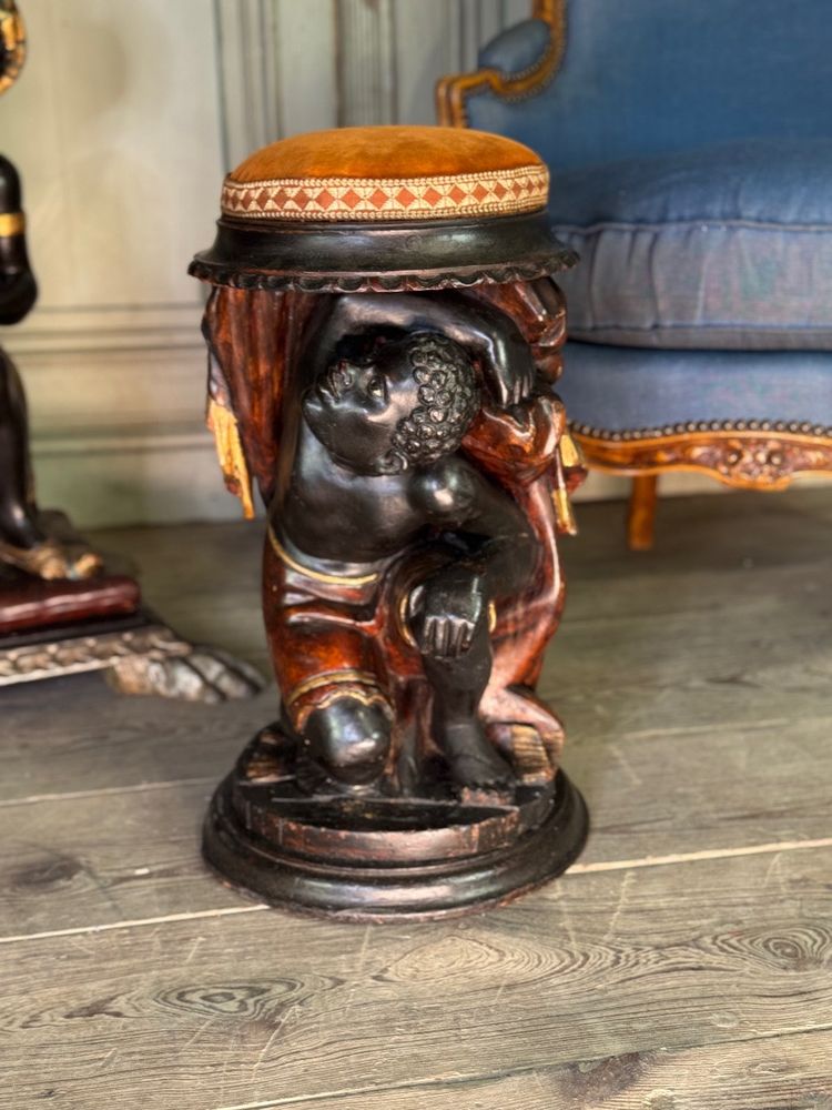 Pair of stools with Nubian figures, polychrome sculptures, Venice circa 1880