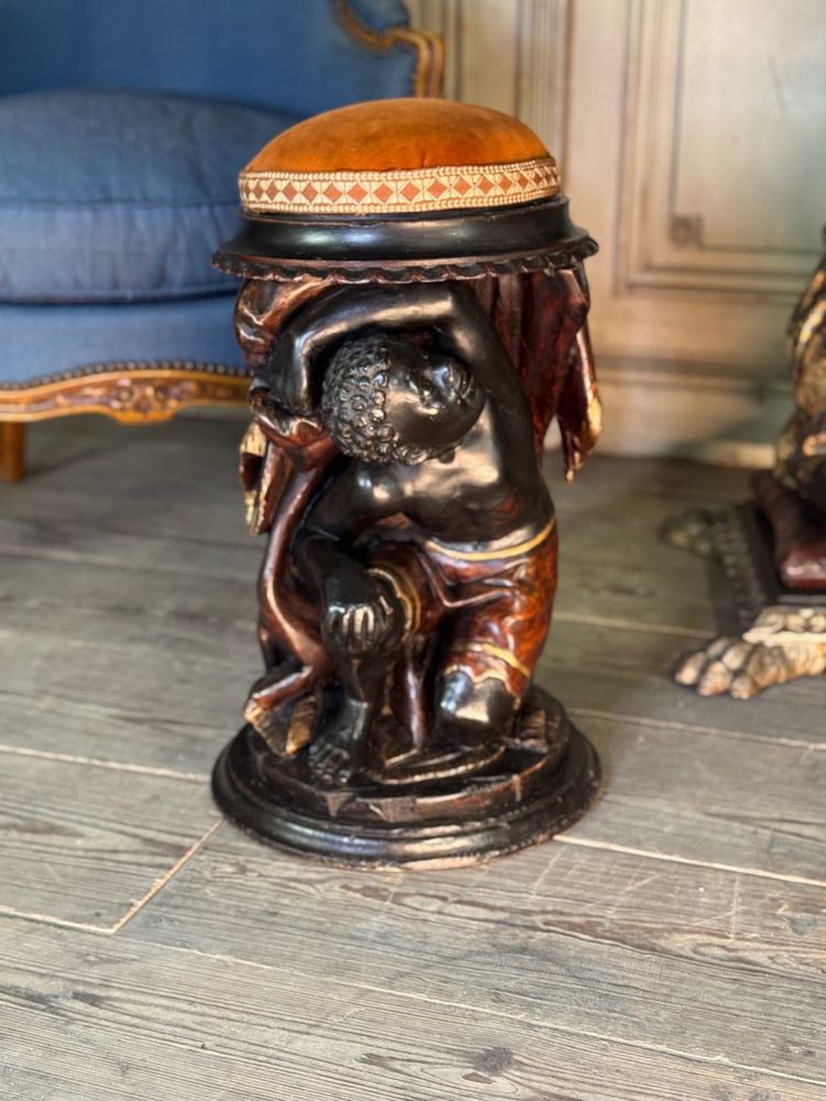 Pair of stools with Nubian figures, polychrome sculptures, Venice circa 1880