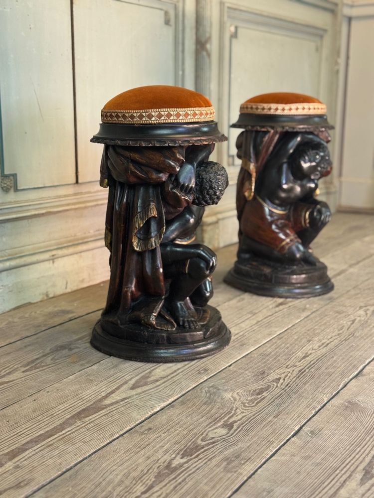 Pair of stools with Nubian figures, polychrome sculptures, Venice circa 1880
