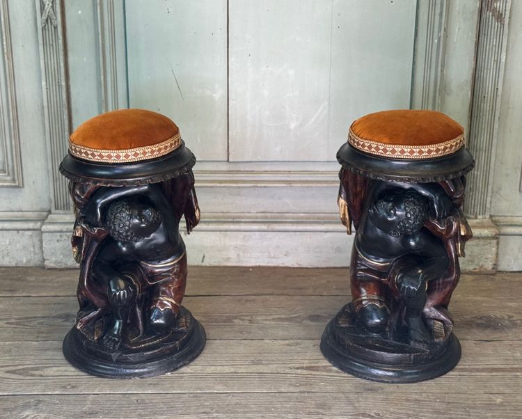 Pair of stools with Nubian figures, polychrome sculptures, Venice circa 1880